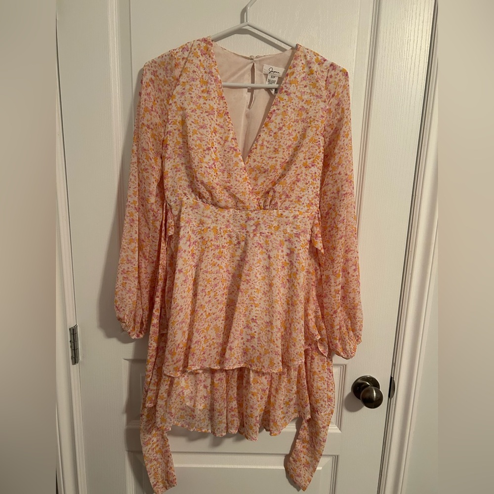 Japna Women’s Floral V-Neck Dress with Pink and Yellow Accents